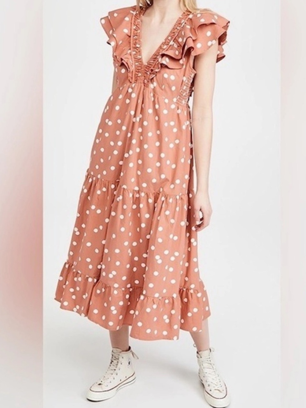 Roller Rabbit Polka Dot Ondine Ruffle V-Neck Cotton Midi Dress Sz Small